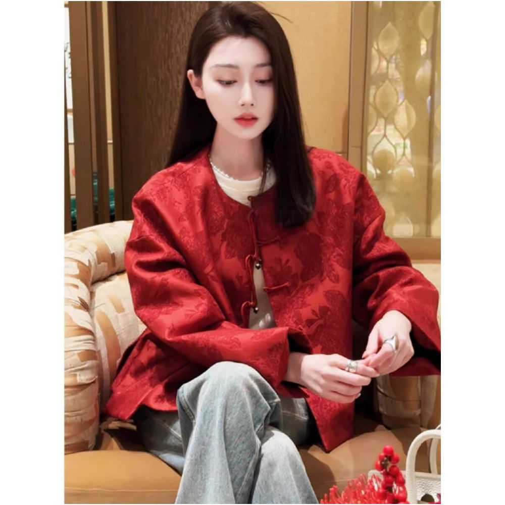New Year s Battle Robe Red New Chinese Coat 2026 New Retro Chinese Style Jacquard Buckle Top image 0