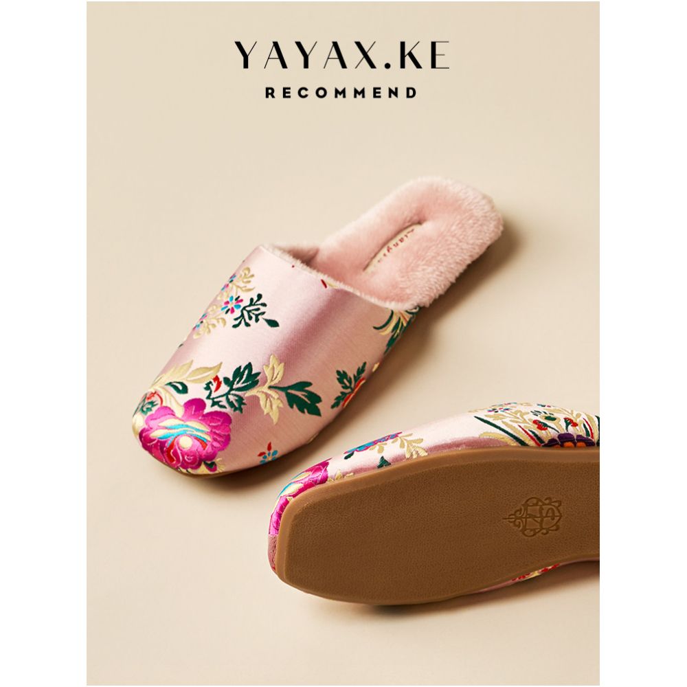 Ladies embroidered silk and cotton slippers for autumn and winter home and indoor Chinese ethnic style anti slip plush warm slippers image 4