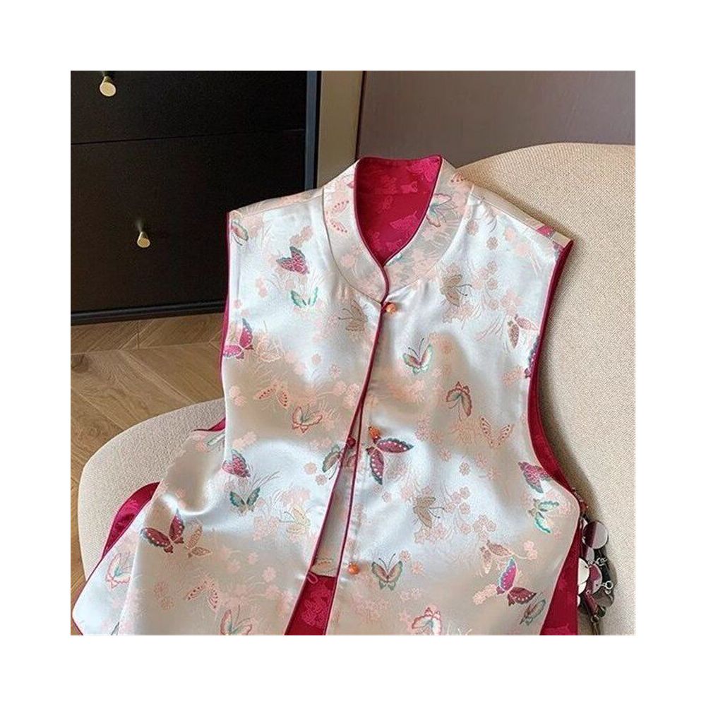 New Chinese style butterfly jacquard standing collar vest for women in spring 2025 high end temperament satin national style vest top image 2