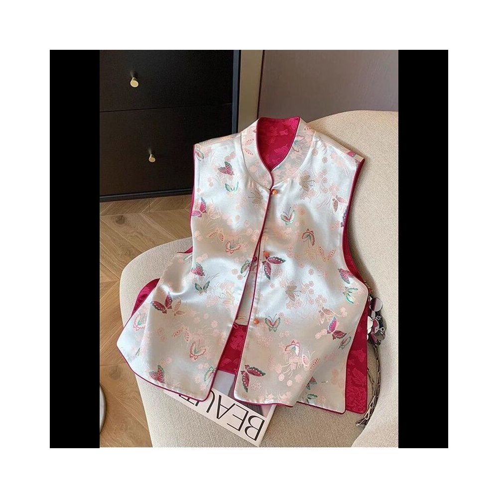 New Chinese style butterfly jacquard standing collar vest for women in spring 2025 high end temperament satin national style vest top image 4