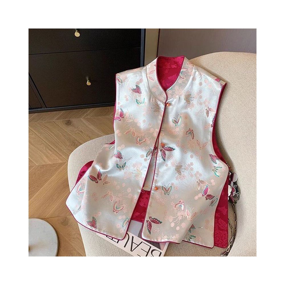 New Chinese style butterfly jacquard standing collar vest for women in spring 2025 high end temperament satin national style vest top image 0