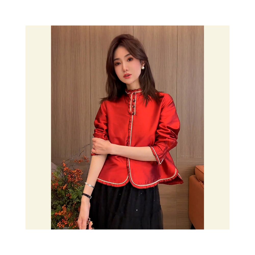 Autumn and winter design sense niche fashion western style versatile cool style high end sense new Chinese style Chinese style red New Year shirt image 0