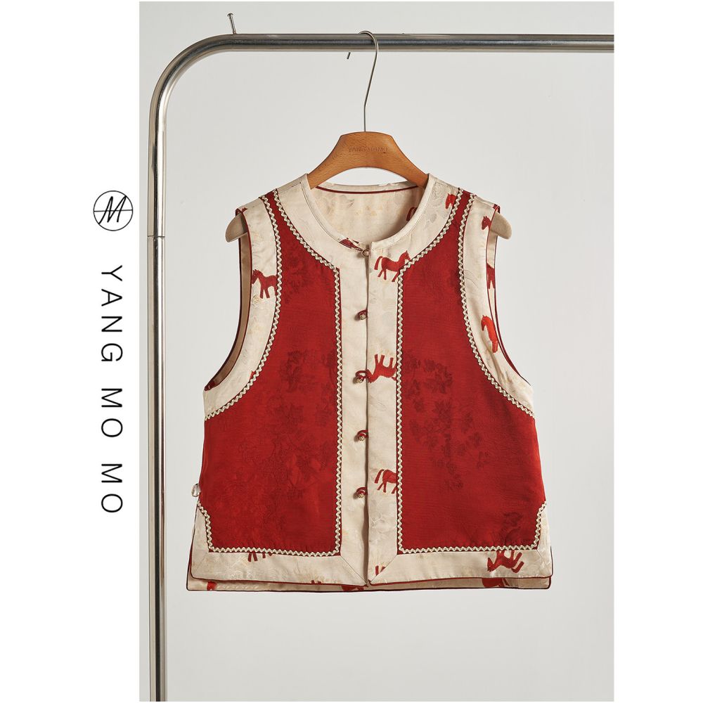 New Chinese style retro and noble round neck red pony jacquard splicing double sided wearing vest spring and autumn new women s clothing image 1