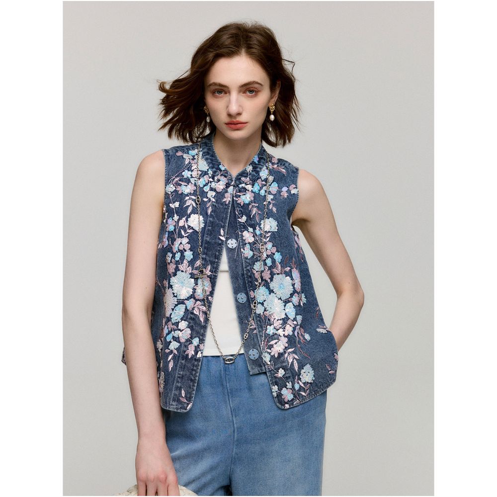 MR 99 Colorful Charm Orchid Treasure Full Version Colorful Flower Leaf Bead Stacked Embroidery Cotton Cowboy Stand up Collar Small Vest image 1
