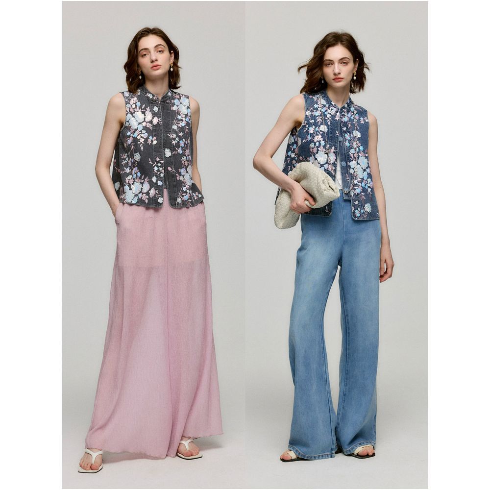 MR 99 Colorful Charm Orchid Treasure Full Version Colorful Flower Leaf Bead Stacked Embroidery Cotton Cowboy Stand up Collar Small Vest image 2