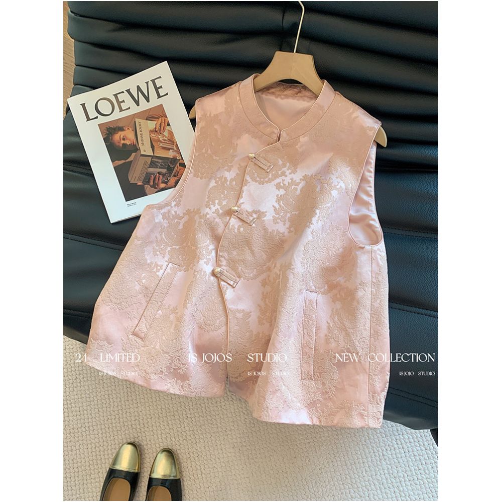 New Chinese style pink dark patterned jacquard diagonal breasted Chinese style vest for women high end and beautiful with a Western style layered on the shoulder top image 0