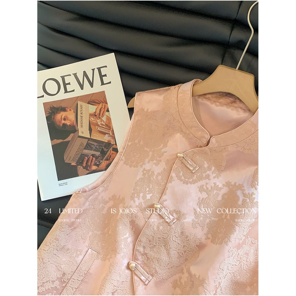New Chinese style pink dark patterned jacquard diagonal breasted Chinese style vest for women high end and beautiful with a Western style layered on the shoulder top image 2