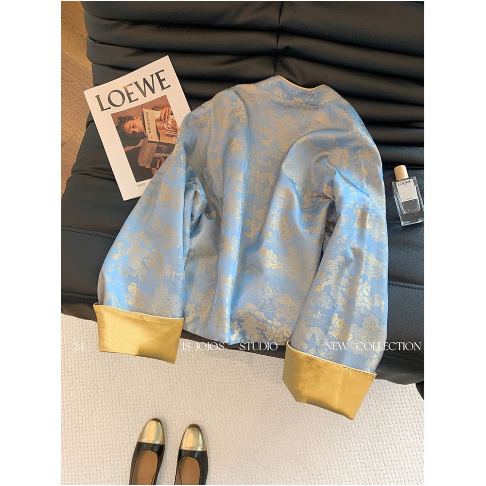 New Chinese style contrasting jacquard stand up collar satin jacket for spring 2025 high end women s clothing double sided Chinese style top image 1
