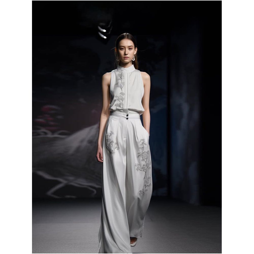 New Chinese style national style transparent sleeveless luxury top 2026 summer improved commuting wide leg pants two piece set for women image 0