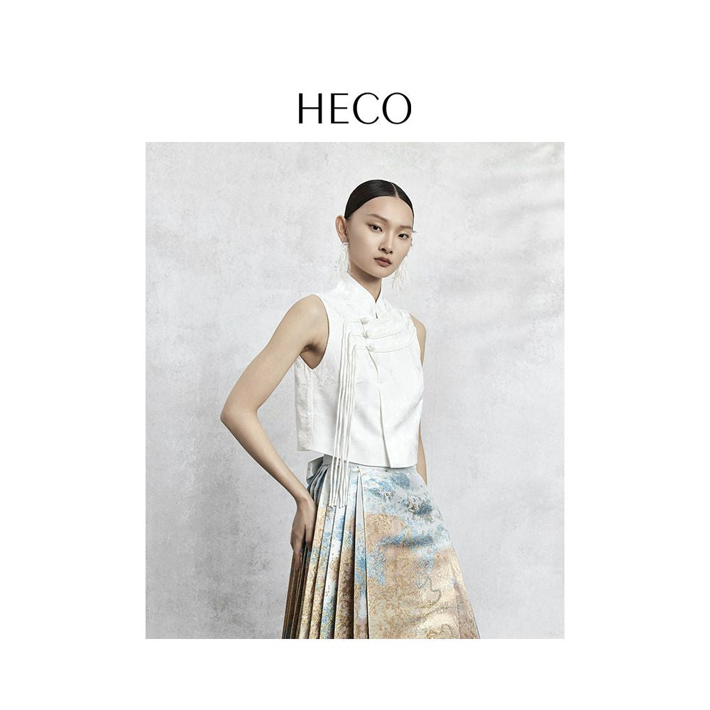 Yang Mi s HECO English Style New Chinese Style Acetic Acid Jacquard Camry Shoulder Tank Top with Buckle Cheongsam Collar and Vest image 3