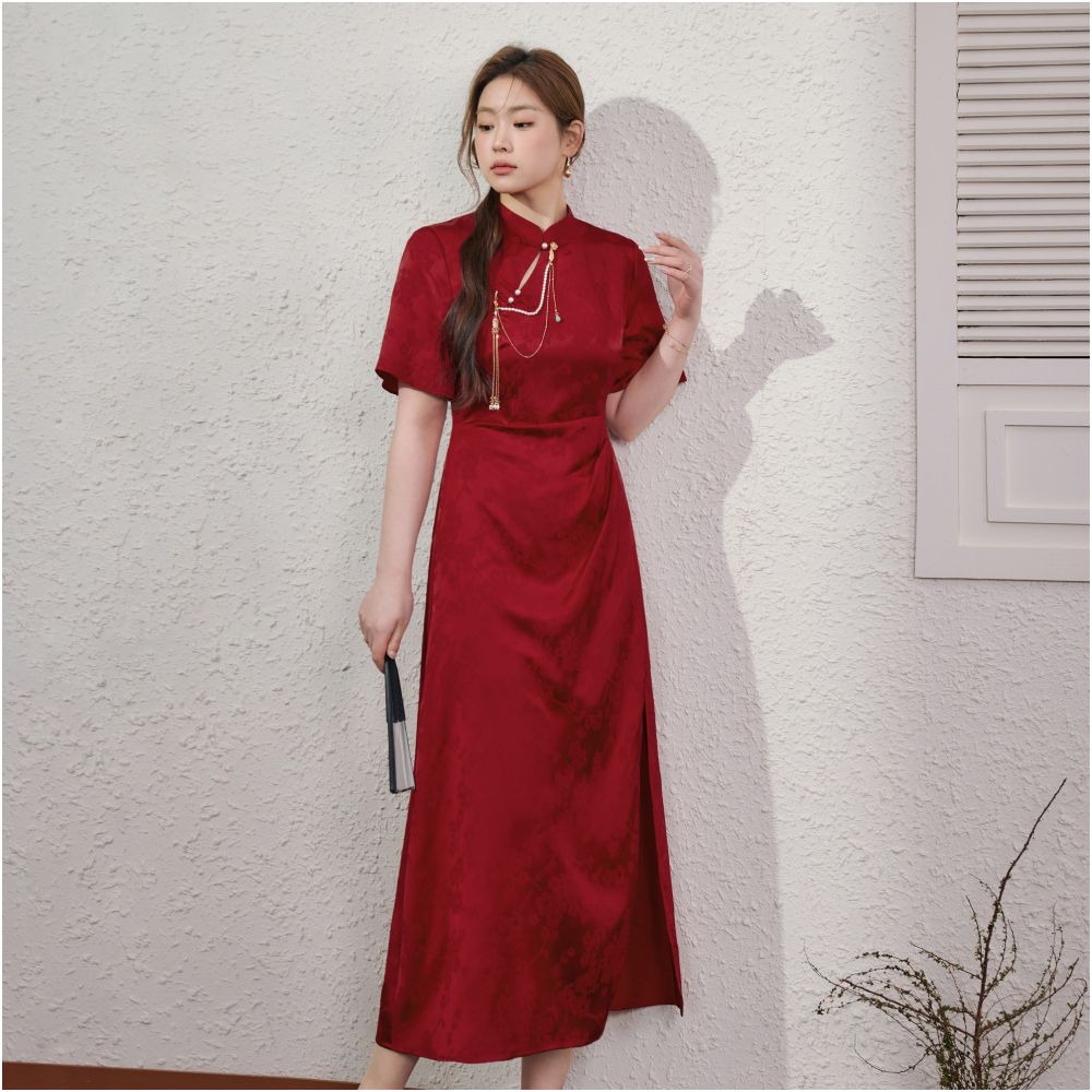 National color blue language plus size women s clothing new Chinese style red engagement cheongsam summer waist hugging and belly covering dress image 3