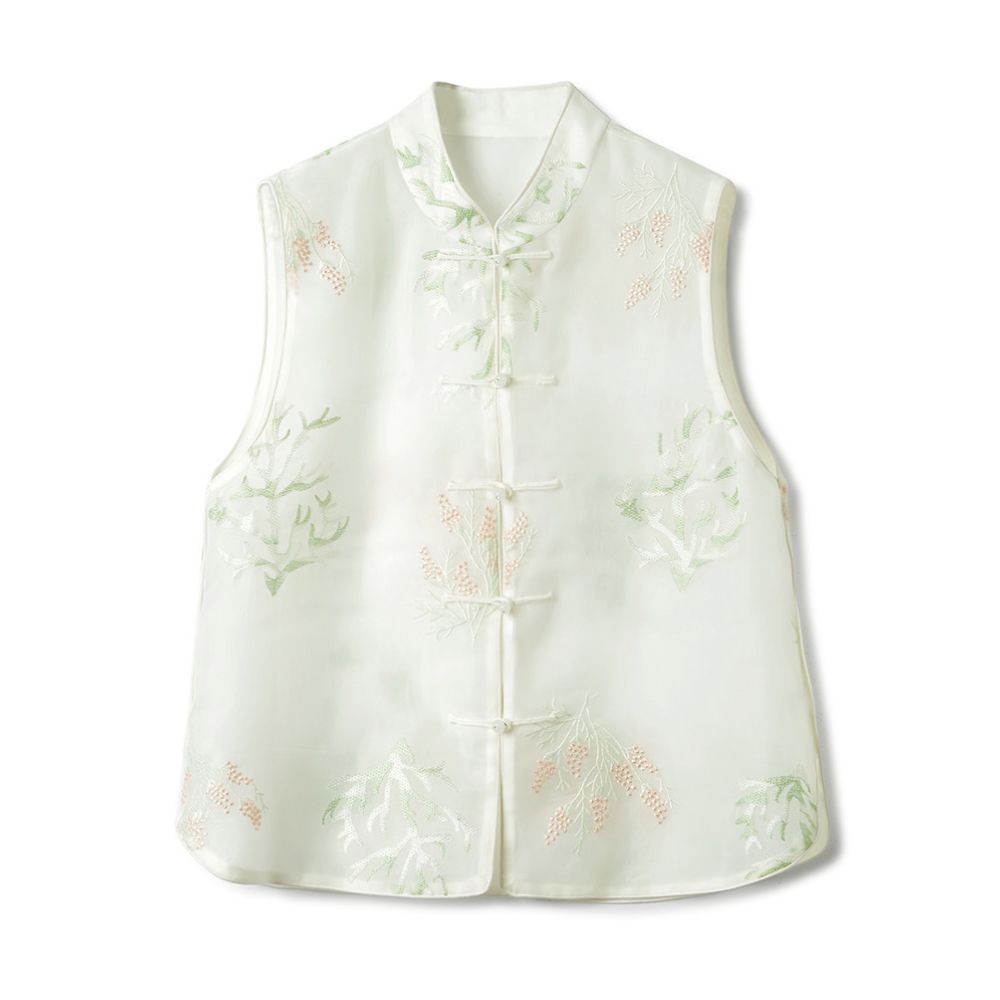 High end white silk Chinese style shirt vest summer thin design worn on the outside retro embroidered mulberry silk new Chinese style top image 4