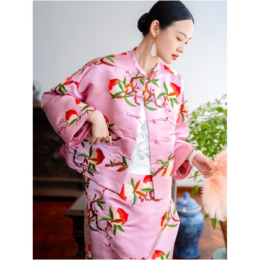 2025 New Product PSL1468 Silk Satin Satin Fortune Peach Embroidered New Chinese Retro Buckle Coat Top for Women image 0