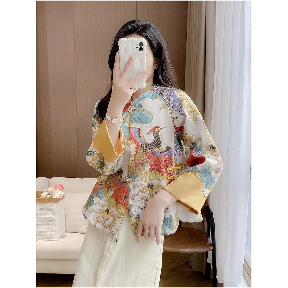 Tang style Chinese women s clothing young style embroidered jacket spring and autumn modified cheongsam retro Chinese style top with frog buttons trendy image 1