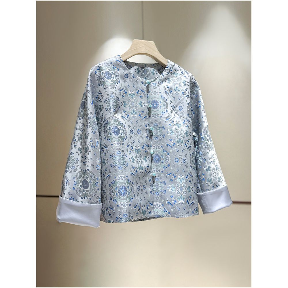 Blue woven brocade jacquard Chinese style jacket for women 2026 spring new round neck elegant and dignified temperament loose top image 0