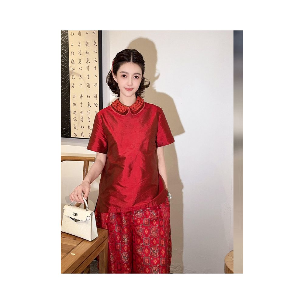 New Chinese style red collared short sleeved T shirt for women 2025 new summer style unique and beautiful dopamine top image 0