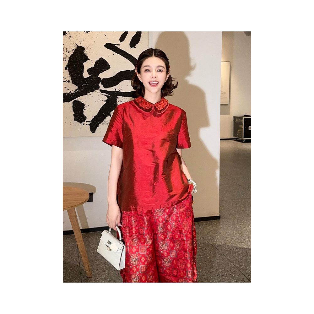New Chinese style red collared short sleeved T shirt for women 2025 new summer style unique and beautiful dopamine top image 1