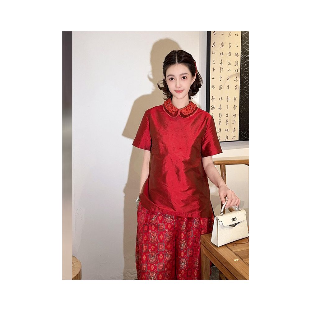 New Chinese style red collared short sleeved T shirt for women 2025 new summer style unique and beautiful dopamine top image 2