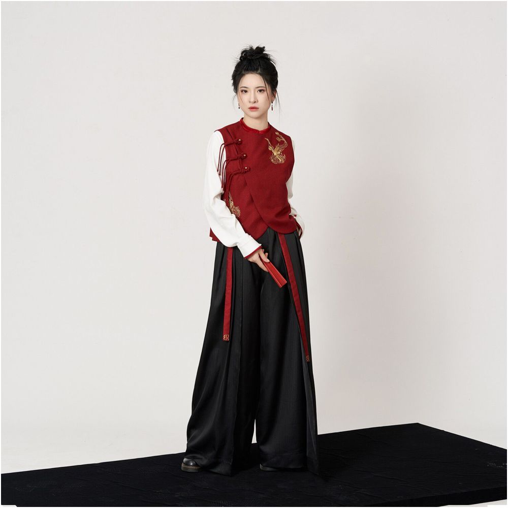Weaving Company Fire Sparrow Colorful Oriental Show Style National Style Pan Gold Embroidery Improved Vest Coat Stand Collar Shirt Wide Leg Pants image 0