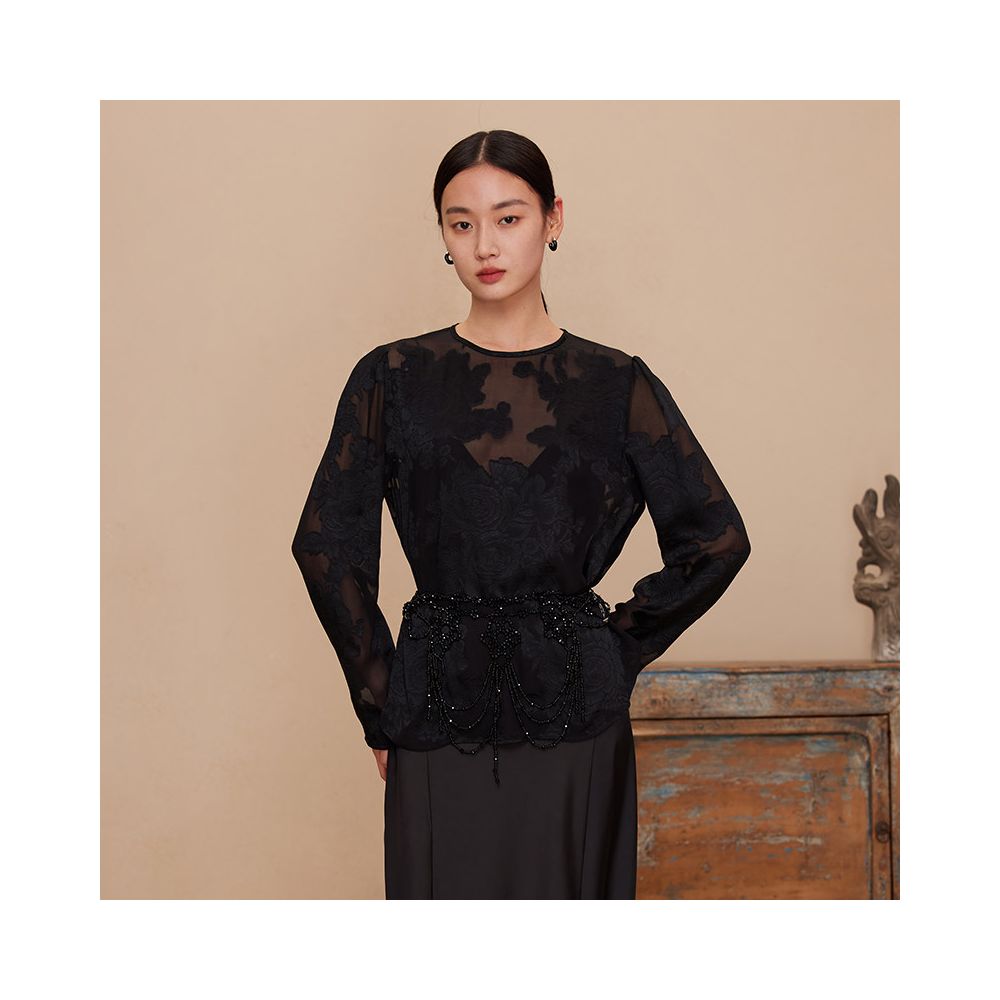Ruyi Lianyun Retro New Chinese Long sleeved Top Commuter Style Round Neck Mulberry Silk Scissors Shirt for Women in Spring 2024 image 3