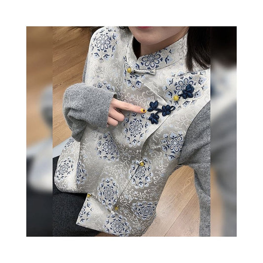 ASAYA6093 – Porcelain Bloom Mandarin Vest 🤍🔵