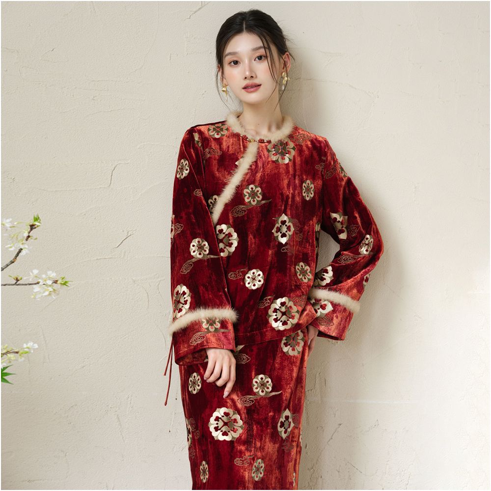 Chuchan New Chinese style 100 Mulberry Silk Set Women s 25 Winter New Style Chinese Velvet Hot Stamped Jacquard Silk Top image 0