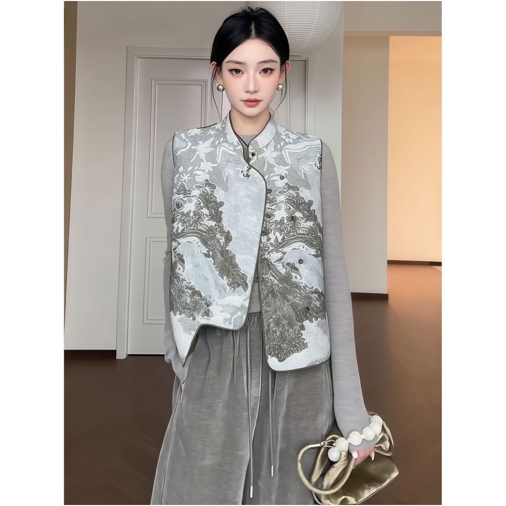 Chinese style buckle jacquard layered sleeveless vest women s autumn and winter plus size slightly chubby slim fit ink painting stand up collar top image 0
