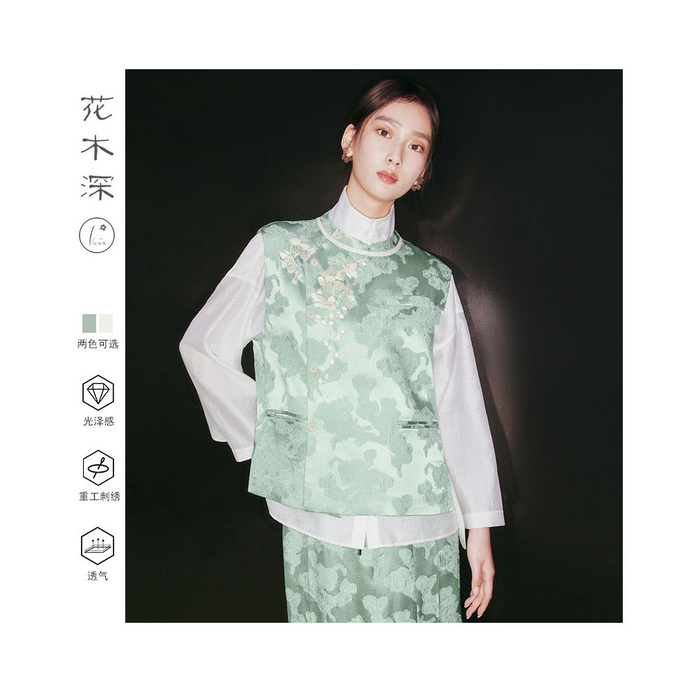 Ma Li s same style flowers and trees deep Chinese silk vest women s retro embroidery round neck spring and autumn new jacquard shoulder image 1