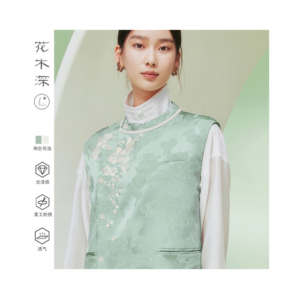 Ma Li s same style flowers and trees deep Chinese silk vest women s retro embroidery round neck spring and autumn new jacquard shoulder image 3