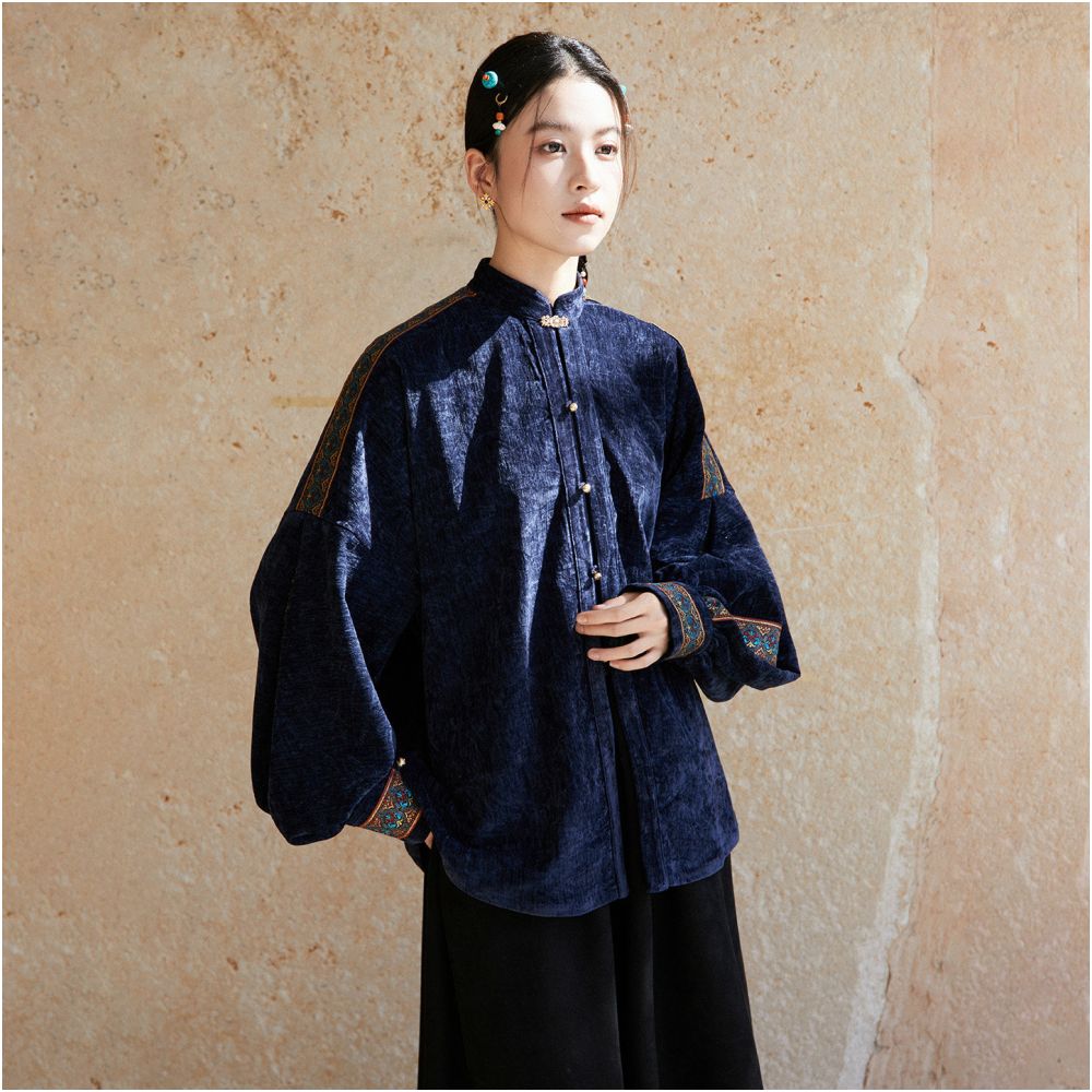 At any time in the style of Fengshagu ethnic style woven belt splicing design new Chinese style wrinkled stand up collar shirt image 1