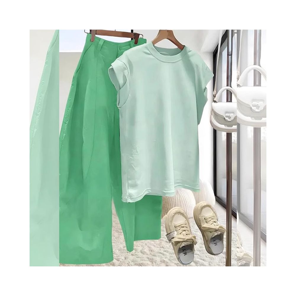 2025 Super Hot May Day Age Reduction Summer Dopamine Dressing Set with Green Short Sleeve T shirt and Haren Pants Two Piece Set image 3