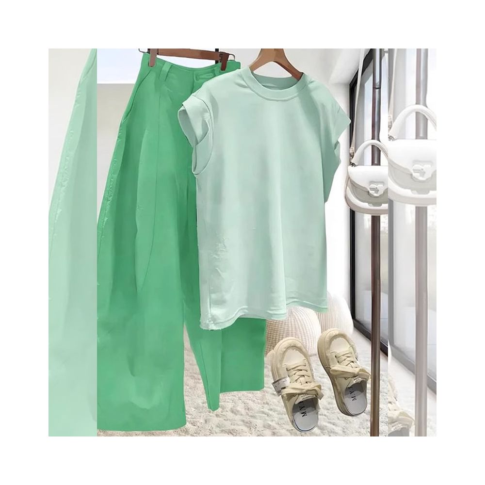 2025 Super Hot May Day Age Reduction Summer Dopamine Dressing Set with Green Short Sleeve T shirt and Haren Pants Two Piece Set image 4