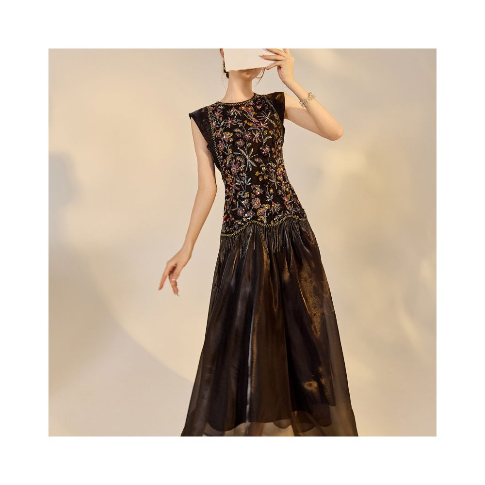 New Chinese style heavy industry sequin embroidered vest set for women s autumn and summer light luxury Chinese style vest top and skirt two piece set image 1