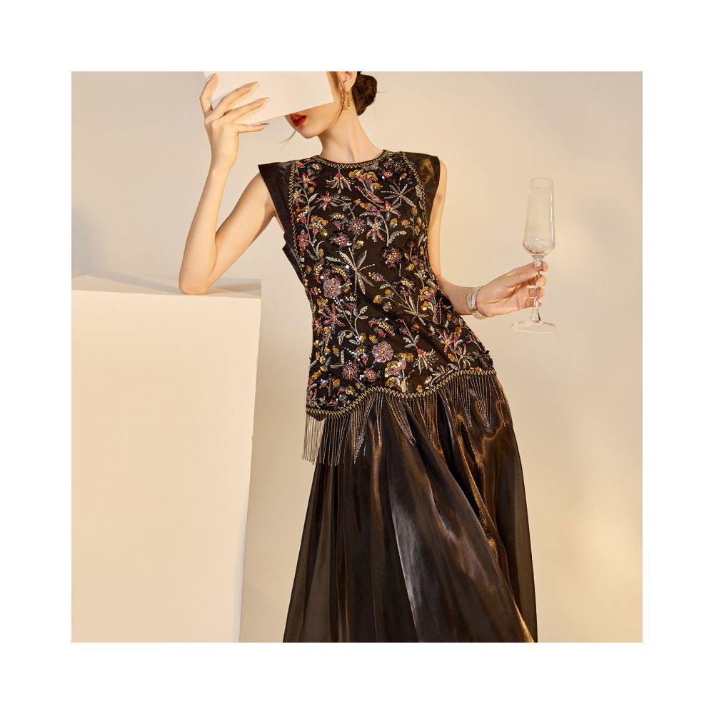 New Chinese style heavy industry sequin embroidered vest set for women s autumn and summer light luxury Chinese style vest top and skirt two piece set image 3