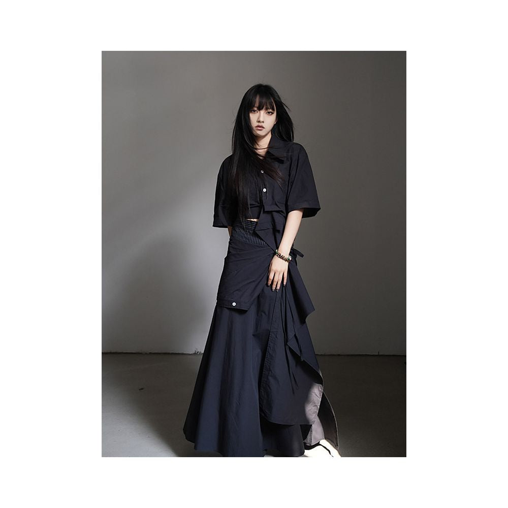 Daimao Spring Summer Women s New Irregular Design Unique Short Sleeve Shirt Mid length Half length Skirt Two piece Set image 2
