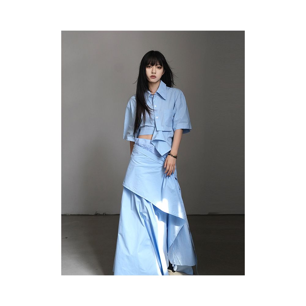 Daimao Spring Summer Women s New Irregular Design Unique Short Sleeve Shirt Mid length Half length Skirt Two piece Set image 3