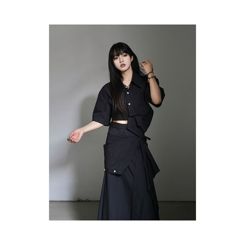 Daimao Spring Summer Women s New Irregular Design Unique Short Sleeve Shirt Mid length Half length Skirt Two piece Set image 4