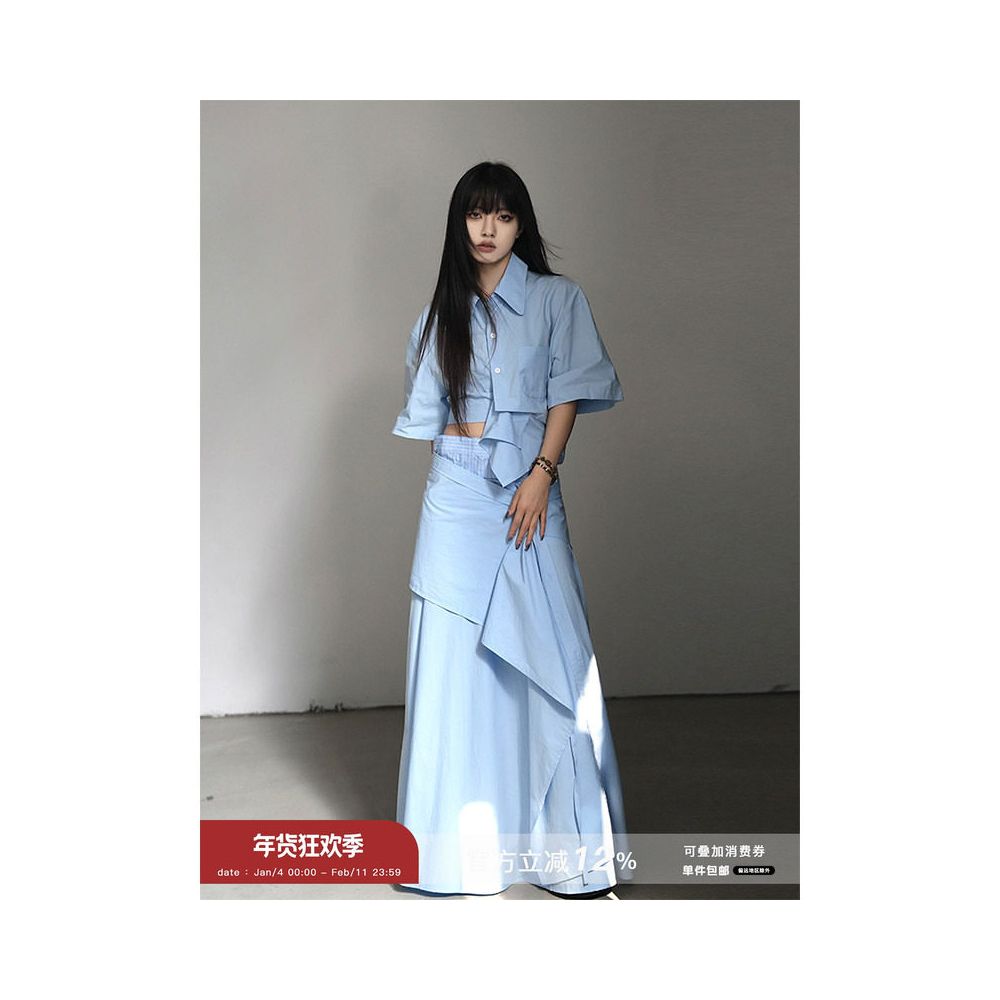 Daimao Spring Summer Women s New Irregular Design Unique Short Sleeve Shirt Mid length Half length Skirt Two piece Set image 0