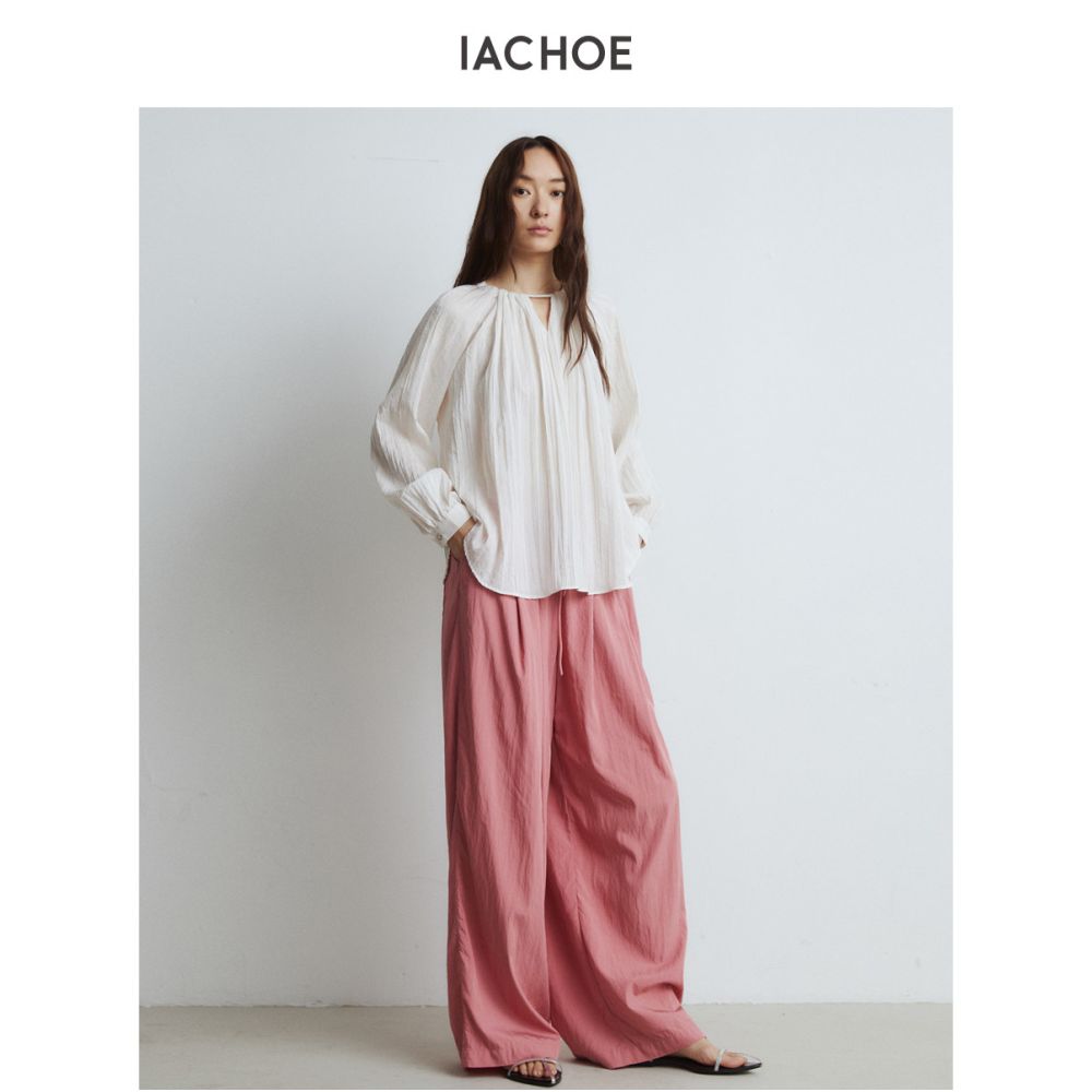 IACHOE textured long sleeved shirt for women 25 in early autumn French style elegant loose willow pleated pullover top small shirt image 1