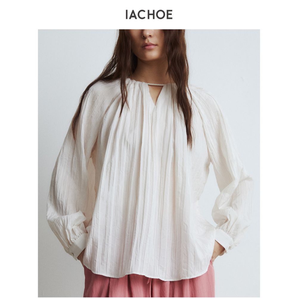 IACHOE textured long sleeved shirt for women 25 in early autumn French style elegant loose willow pleated pullover top small shirt image 3