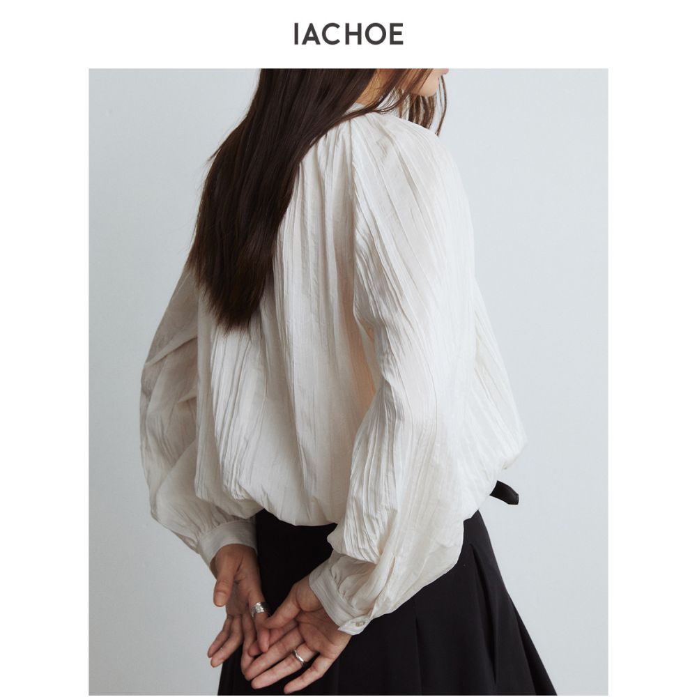 IACHOE textured long sleeved shirt for women 25 in early autumn French style elegant loose willow pleated pullover top small shirt image 4