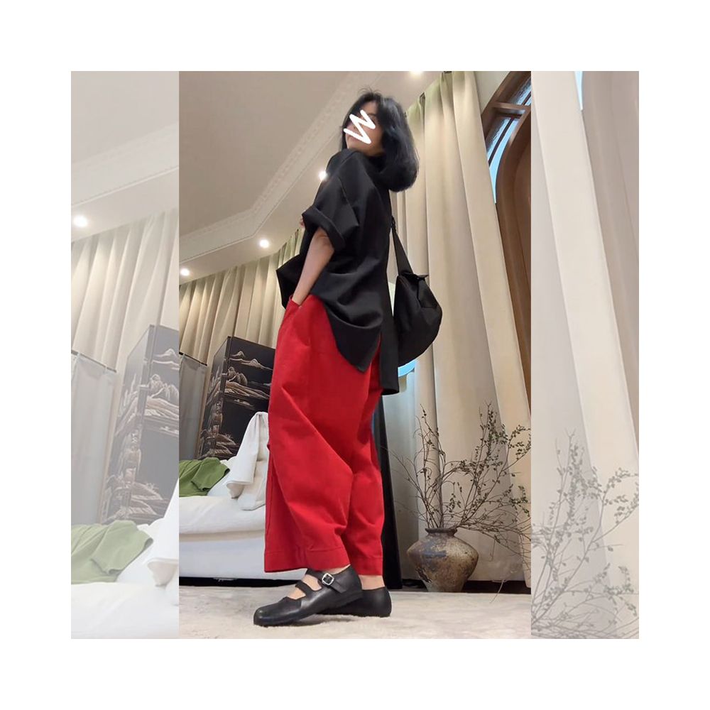 Red high waisted nine point casual harem pants for women in early spring new loose hanging straight leg wide pants banana sickle pants image 2