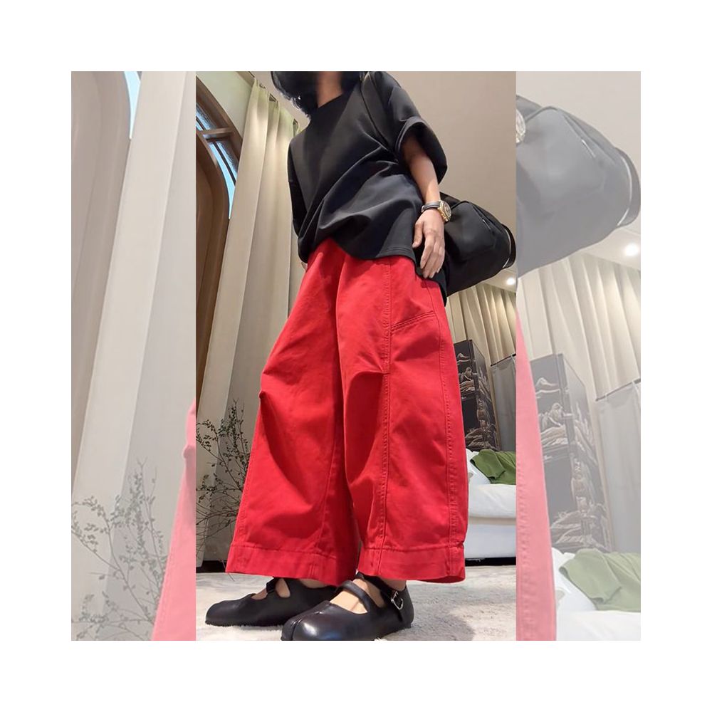 Red high waisted nine point casual harem pants for women in early spring new loose hanging straight leg wide pants banana sickle pants image 5