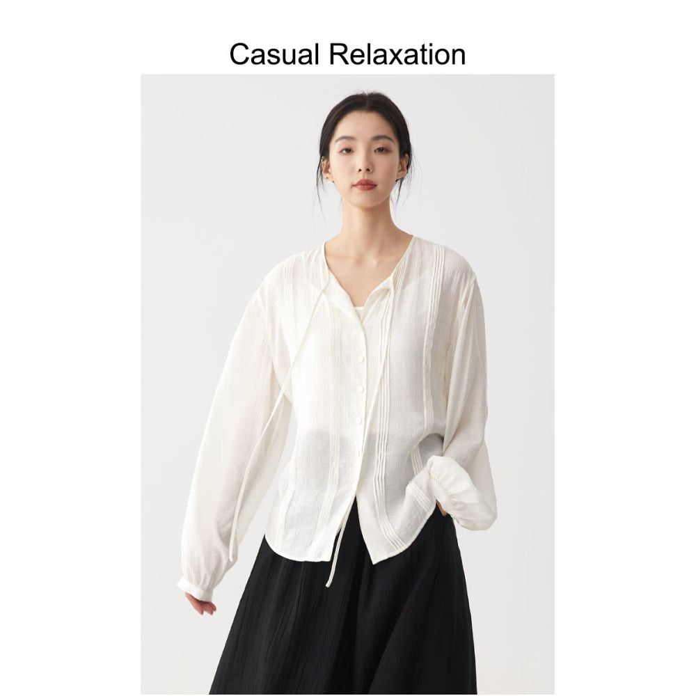 CR textured ribbon white shirt for women s spring and summer new style French shirt cardigan long style simple and relaxed top image 1