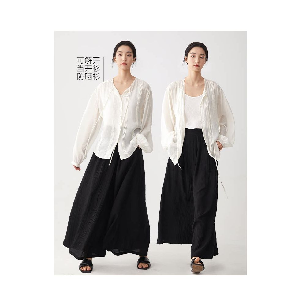 CR textured ribbon white shirt for women s spring and summer new style French shirt cardigan long style simple and relaxed top image 2