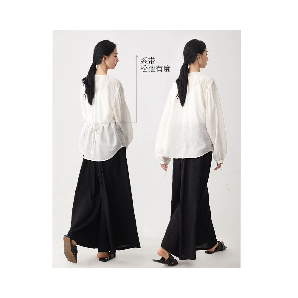 CR textured ribbon white shirt for women s spring and summer new style French shirt cardigan long style simple and relaxed top image 3