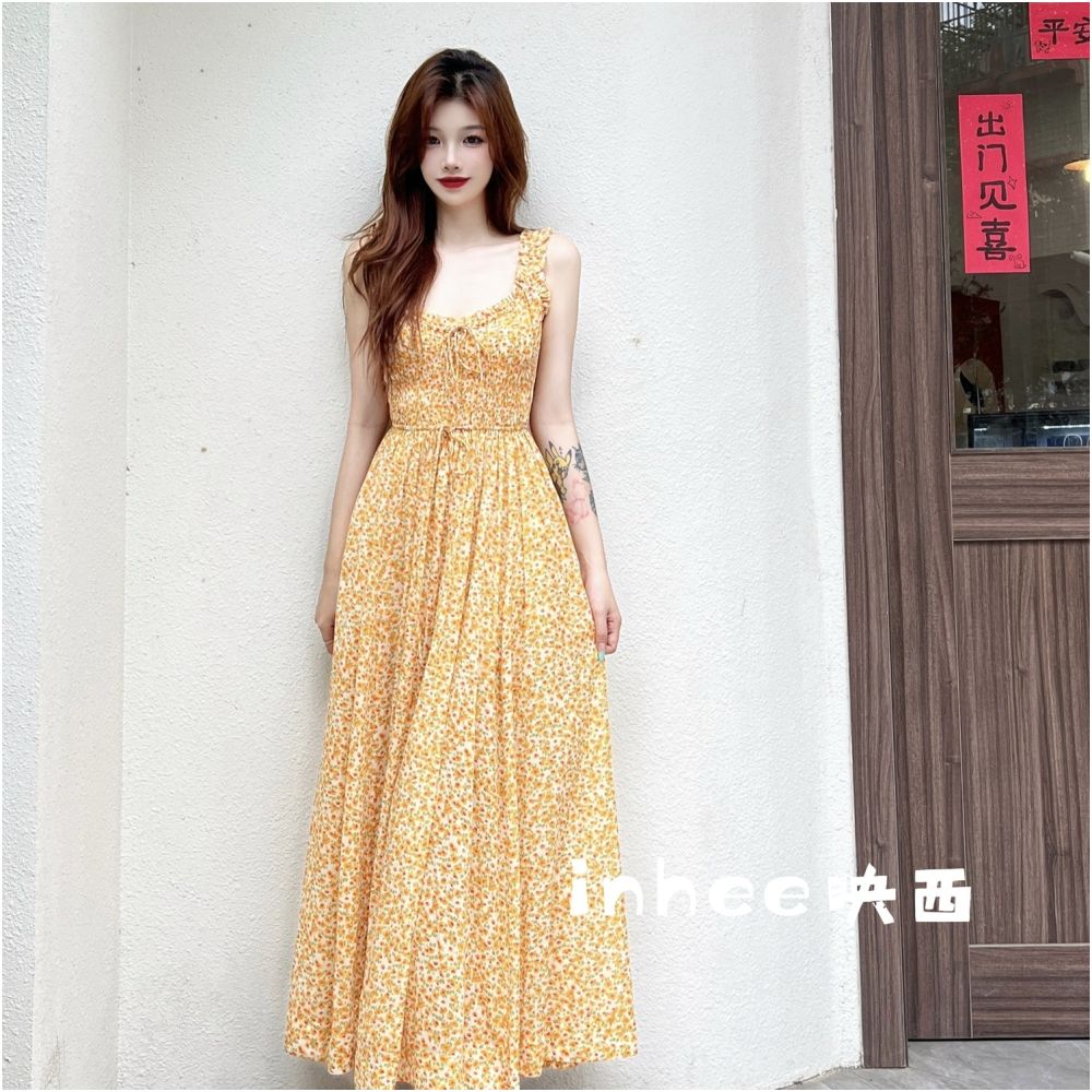 Inhee Homemade Doen New Summer Sweet Orange Floral Sleeveless Lace Waist Swing Holiday Dress image 4