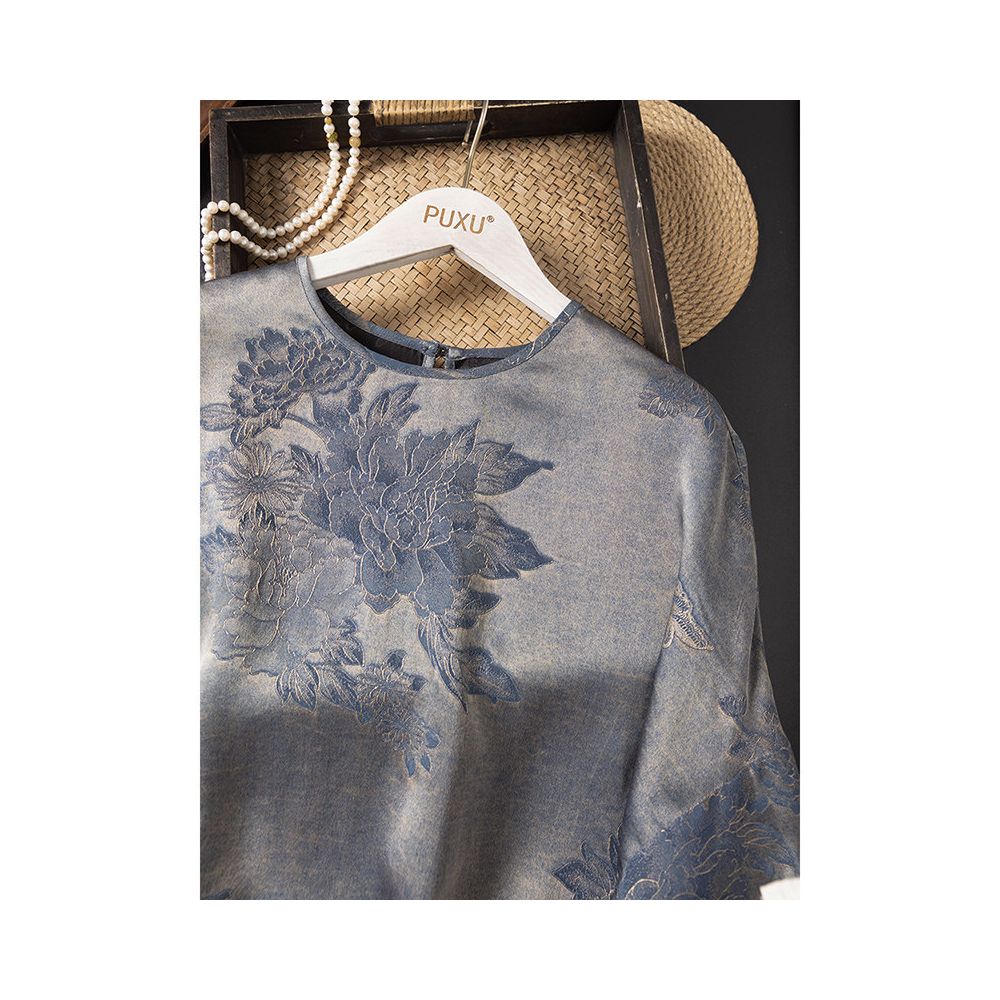 Morning and evening mist orchid heavy forging plant grass dyeing Mulberry Silk Large Loose Butterfly Peony Round Neck Fragrant Cloud Yarn T shirt image 1
