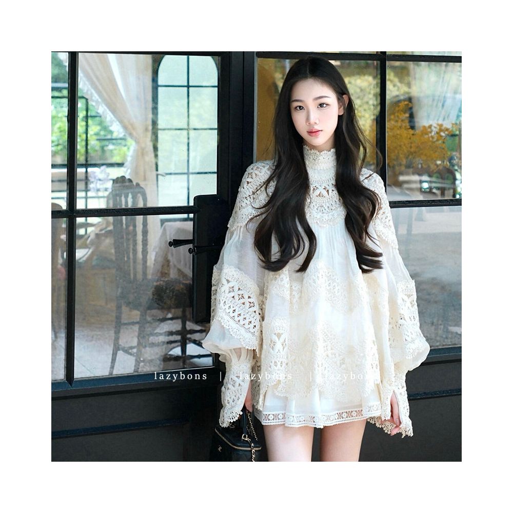 Unique and beautiful set of female swing gold socialite temperament sexy hollow out stand collar long sleeved lace shirt half skirt two piece set image 0