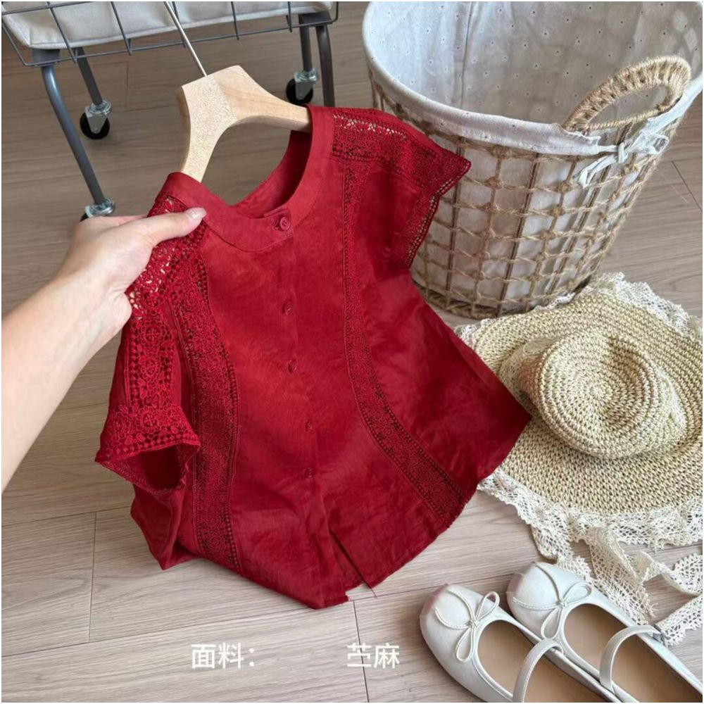 STUDIO celebrates today Extremely white Red heavy industry lace hollow out shirt for women s summer high end slimming short sleeved top image 1